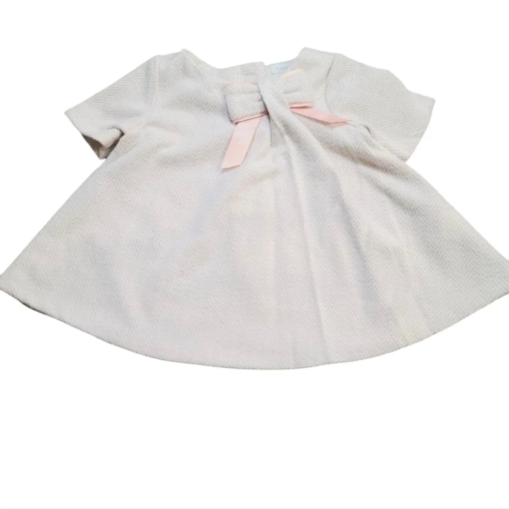 Tahari Beige Neutral Herringbone Bow Couture Baby Dress 3-6 Months